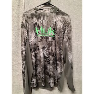 Huk Performance Fishing Hoodie Mens Grey Camo Long Sleeve Sun Shirt Logo